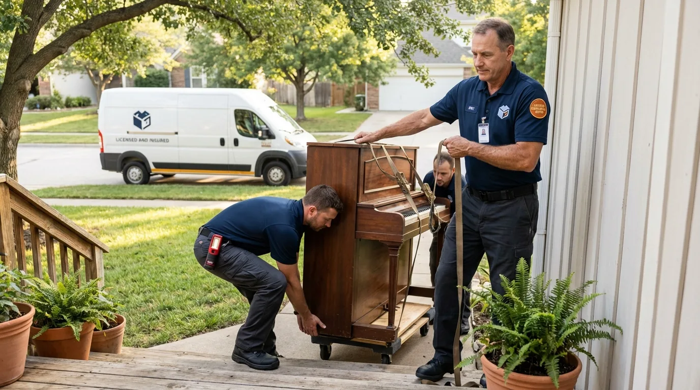 Licensed piano movers securing grand piano in Mebane, NC
