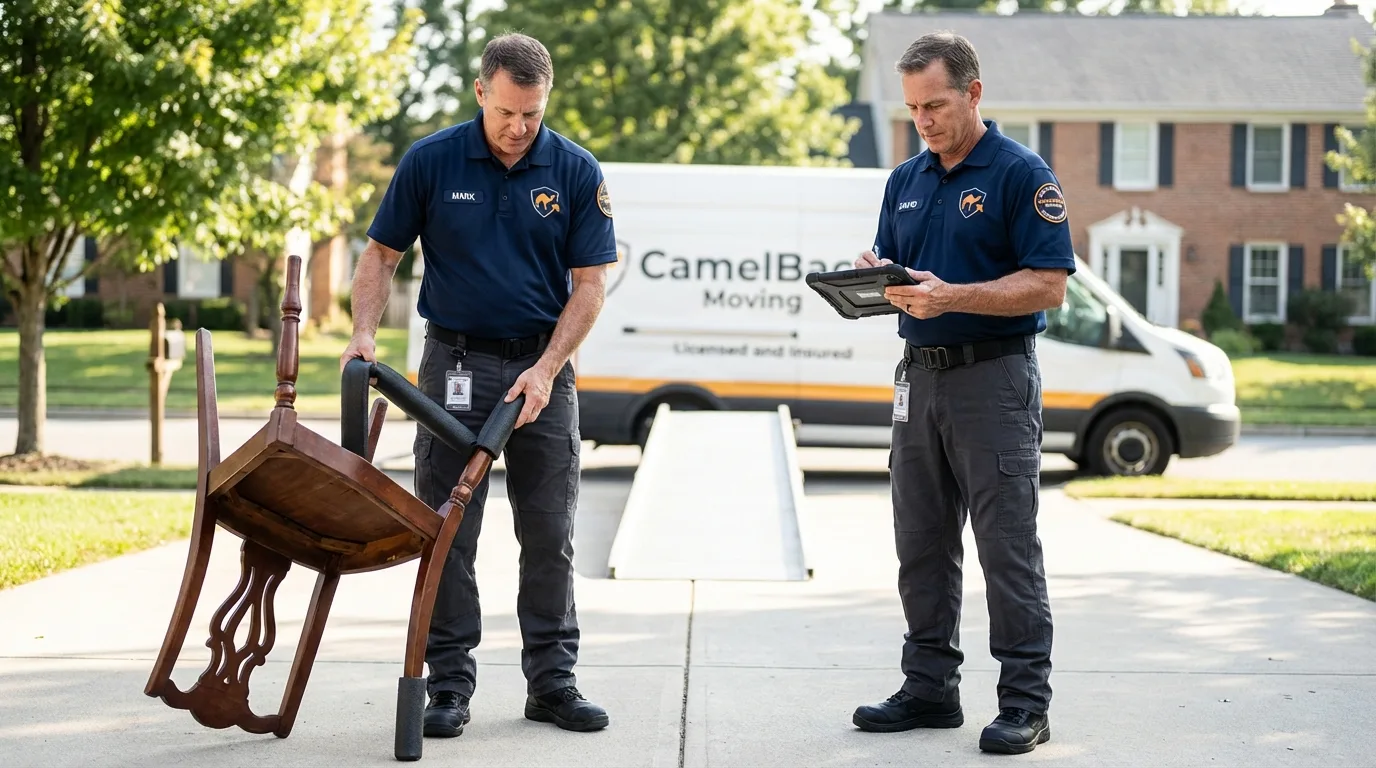 Movers inspecting furniture for damage prevention before loading in Mebane, NC